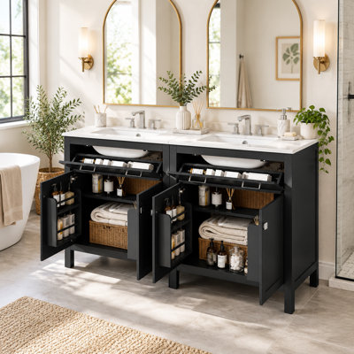 Ensemble de meuble-lavabo double 60 po noir avec lavabos en céramique et rangement à fermeture en douceur