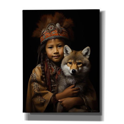 Art mural sur toile Epic Graffiti «Native American Child With Wolf Cub 2» par Momart