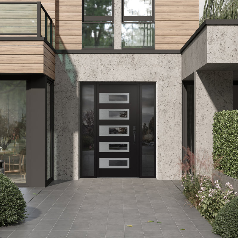 D3 Left-Hand 68 In. X 80 In. Panel Silver Steel Black And Black Mirrored Glass With 2 Sidelites Mirrored Glass Prehung Front Entry Door