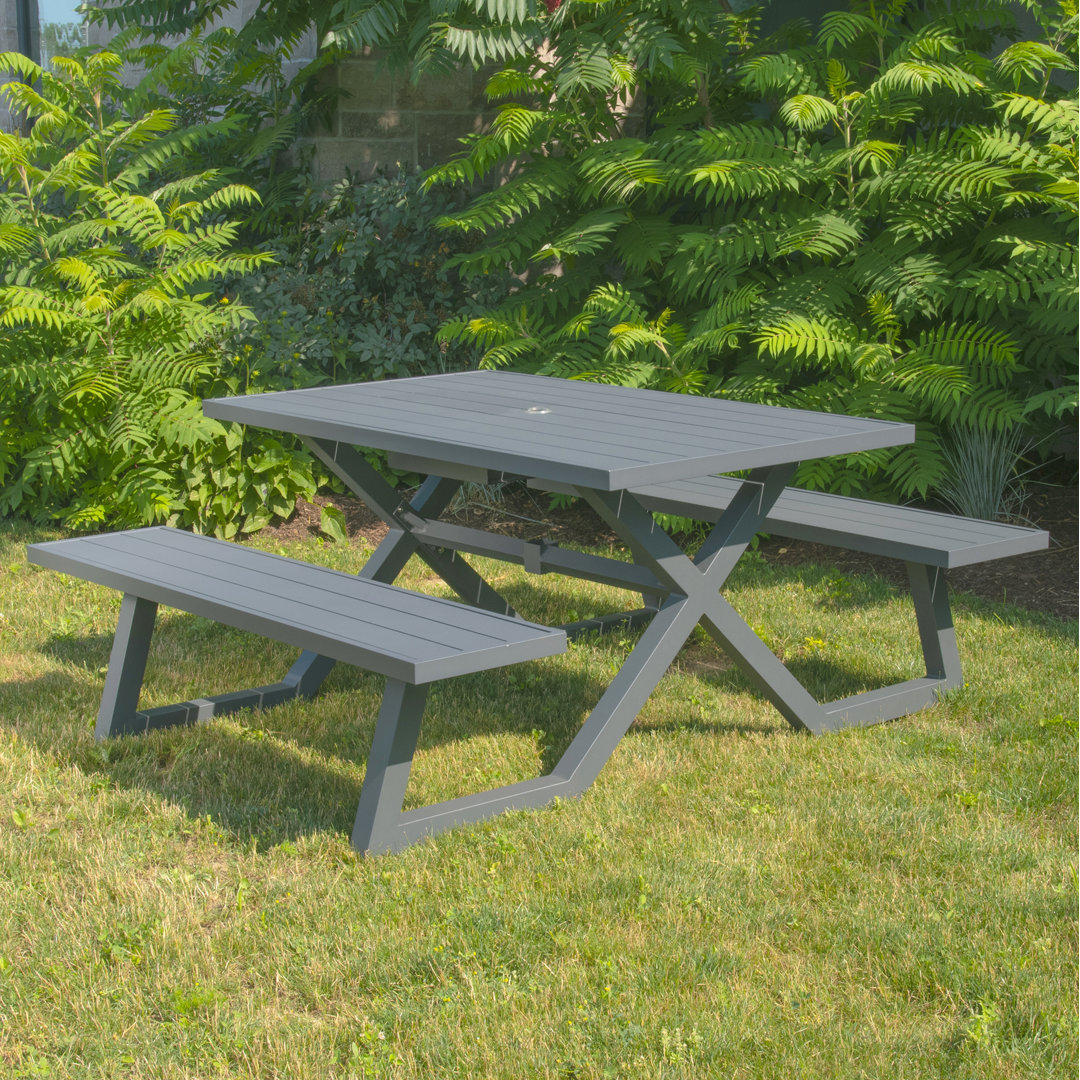 Vivere Ammiras Aluminum Banquet Deluxe Picnic Table with Umbrella Hole Ebern Designs