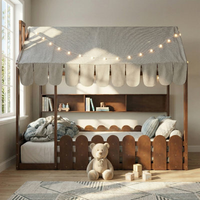 Lit à plancher en bois, auvent de maison à profil bas, bois, 3 tablettes de rangement, minimaliste contemporain, chambre à coucher