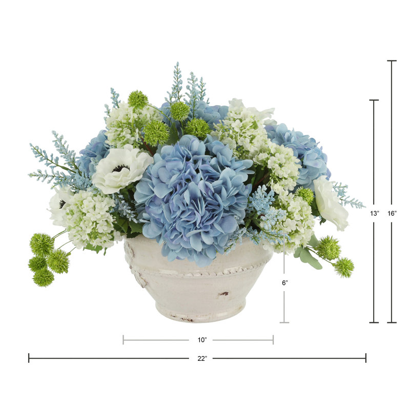 Hydrangeas, Viburnum and Astilbe Arranged in Ceramic Vase
