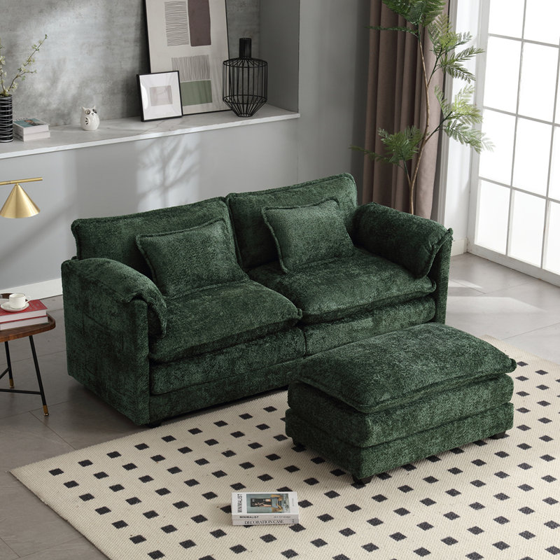 Tissu en chenille, accoudoirs amovibles avec poches latérales, rembourrage en éponge haute densité, canapé double surdimensionné avec repose-pieds