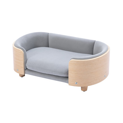 Lit surélevé pour chien de style scandinave pour petits et moyens chiens, avec des pieds en chêne massif, un dossier en bois cintré, un coussin en velours amovible, un tissu respirant, de la mousse rebondie, une égratignure, imperméable et teint, rapide