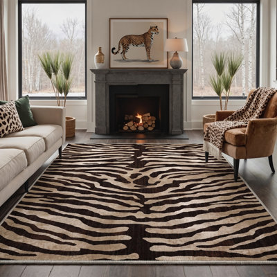 Tapis de salon/chambre à coucher à motif zèbre, lavable à la machine, noir et brun, antidérapant, idéal pour le salon ou la chambre.
