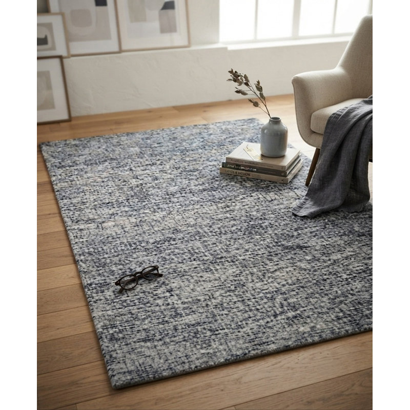 Tapis intérieur foncé touffeté à la main en laine bleu foncé, Rectangle de 5 pi x 8 pi