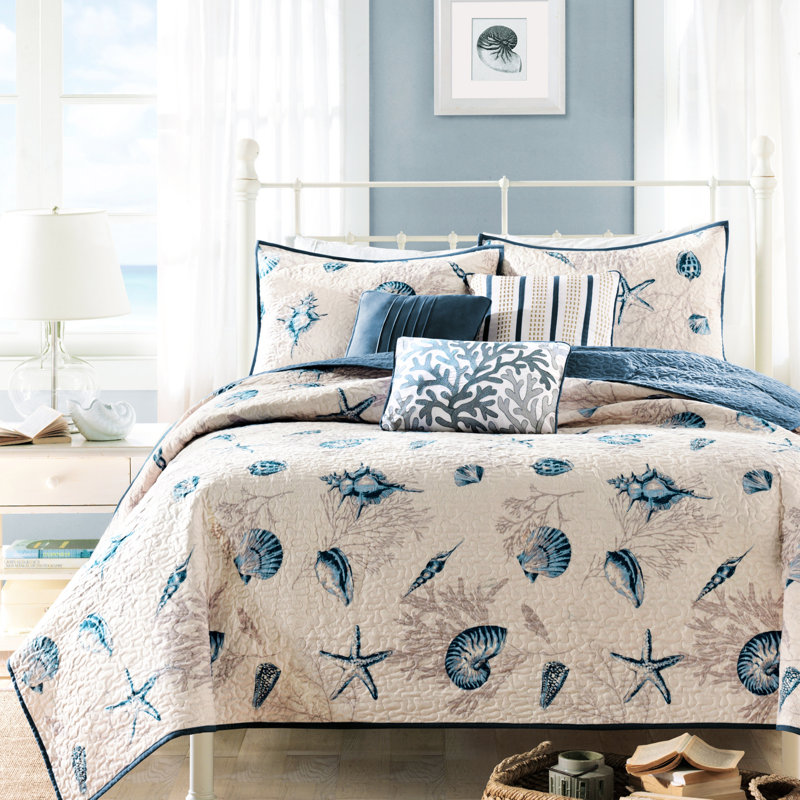 Literie en microfibre bleue - Simple / Simple TG avec thème corail, Twin/Twin XL Quilt + 4 Additional Pieces