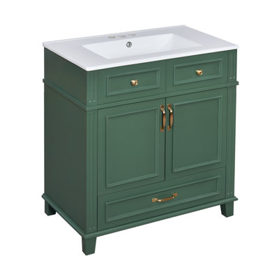 »Meuble-lavabo avec lavabo en céramique, structure en bois massif, portes à fermeture en douceur, design rétro vert pour les salles de bain modernes