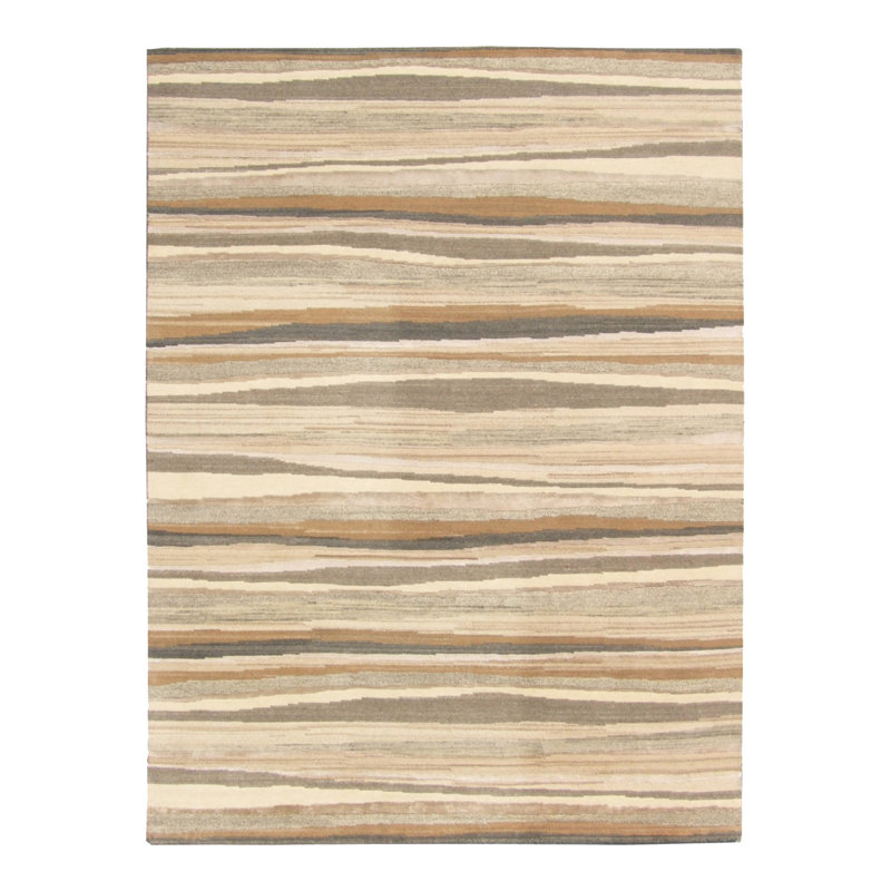 Tapis beige en laine à rayures abstraites tissé à la main 9 pi x 12 pi