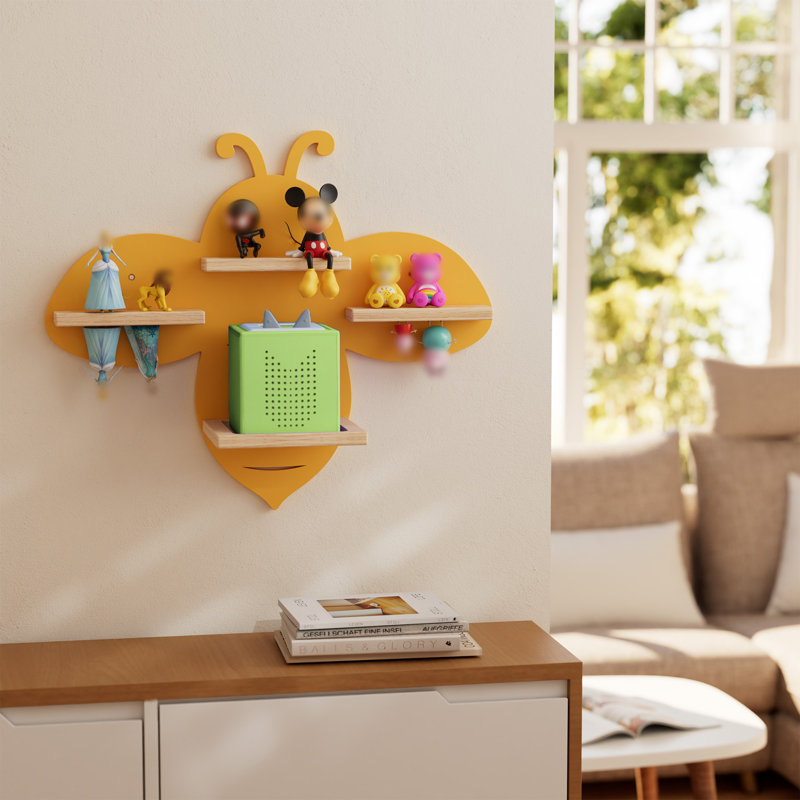 Bee Tonie Shelf For Tonie And Tonie Box - Yellow Magnetic Tonie Wooden Floating Shelf For Tonie Storage, Cute Tonie Wall Shelf For 9-18 Tonie Figures, Tonie Box Shelf Wall Mounted For Kids