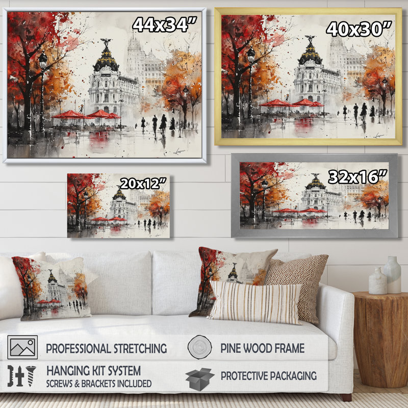 Rues vibrantes de Madrid en automne II - salon d'art mural Madrid, H 12 po x l 20 po, Toile tendue, Blanc