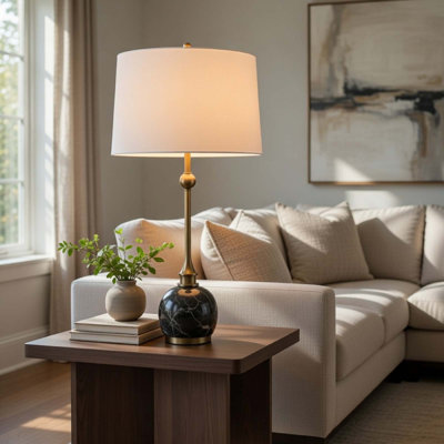 Table Lamp, White Drum Shade, Slim Brass Neck, Swirled Black Marble 29 Inch