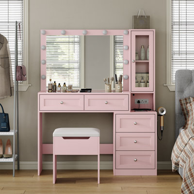 Meuble-lavabo de 43 po avec miroir et 11 lumières, bureau de maquillage moderne à 5 tiroirs avec plateau en verre et tabouret rembourré, 3 modes d'éclairage réglables, prise de courant, chambre à coucher