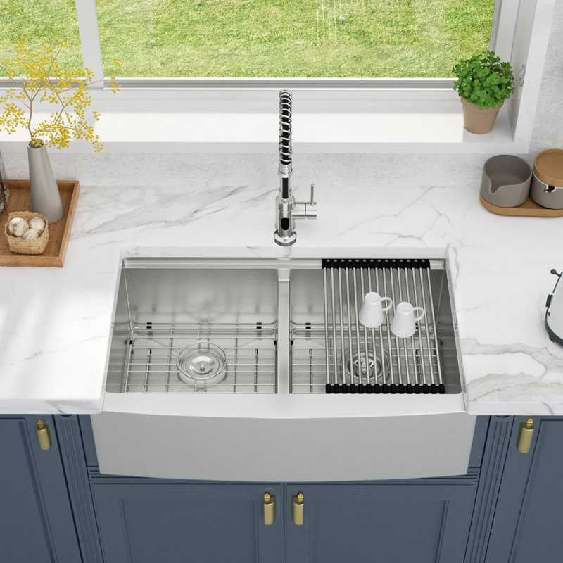 33 x 22 Inch Farmhouse Stainless Steel Kitchen Sink 50/50 Low Divider Double Basin Apron Front Sink Farm Sink