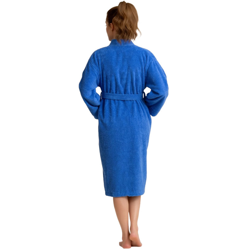 Blue Cotton Terry Cloth Mid-Calf Bathrobe with Pockets