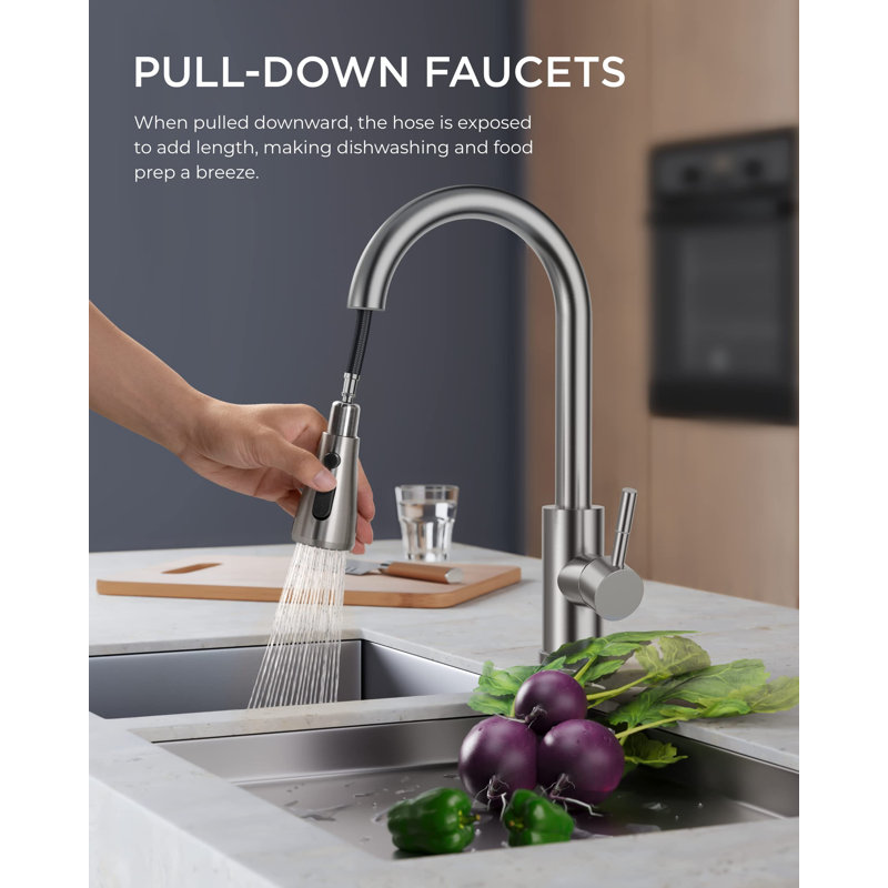 Brushed Nickel Stainless Steel Kitchen Faucet with Pull-Out Spray
