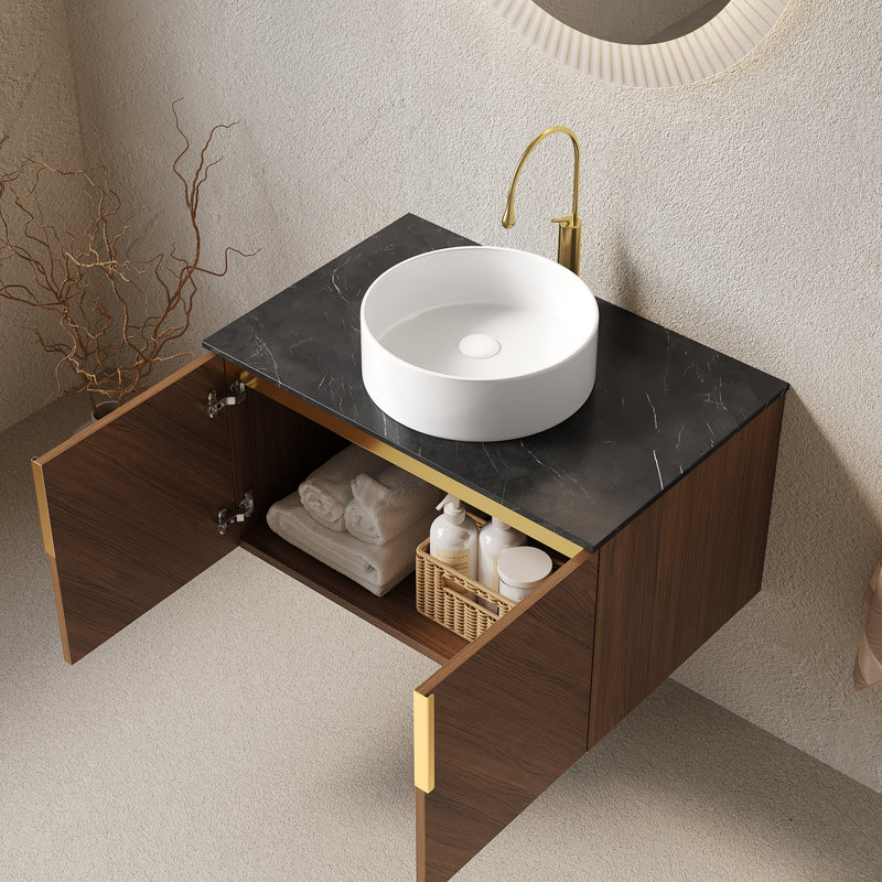 Meuble-lavabo de 30 po avec lavabo, armoire de rangement murale en contreplaqué avec double comptoir en pierre frittée et lavabo rond en céramique