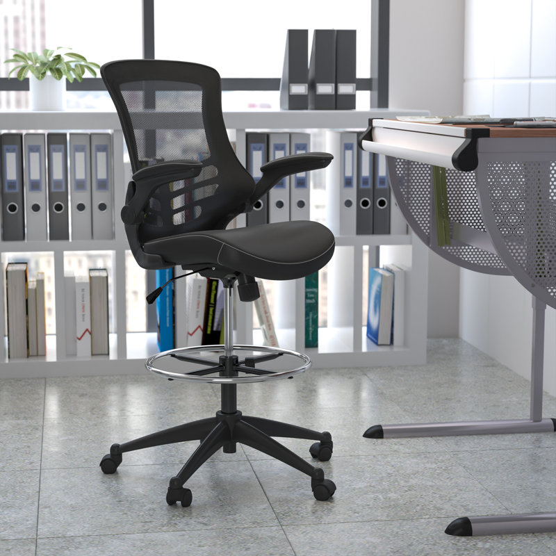 Mid-Back Mesh Ergonomic Drafting Chair with Adjustable Foot Ring and Flip-Up Arms, Black