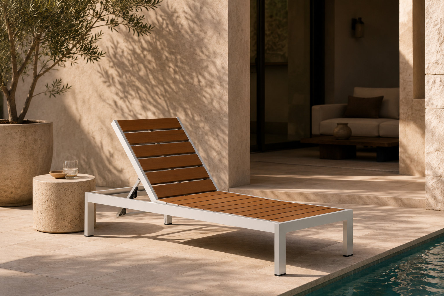 Devan 26" Patio Chaise Lounge, White Frame/Teak Seat