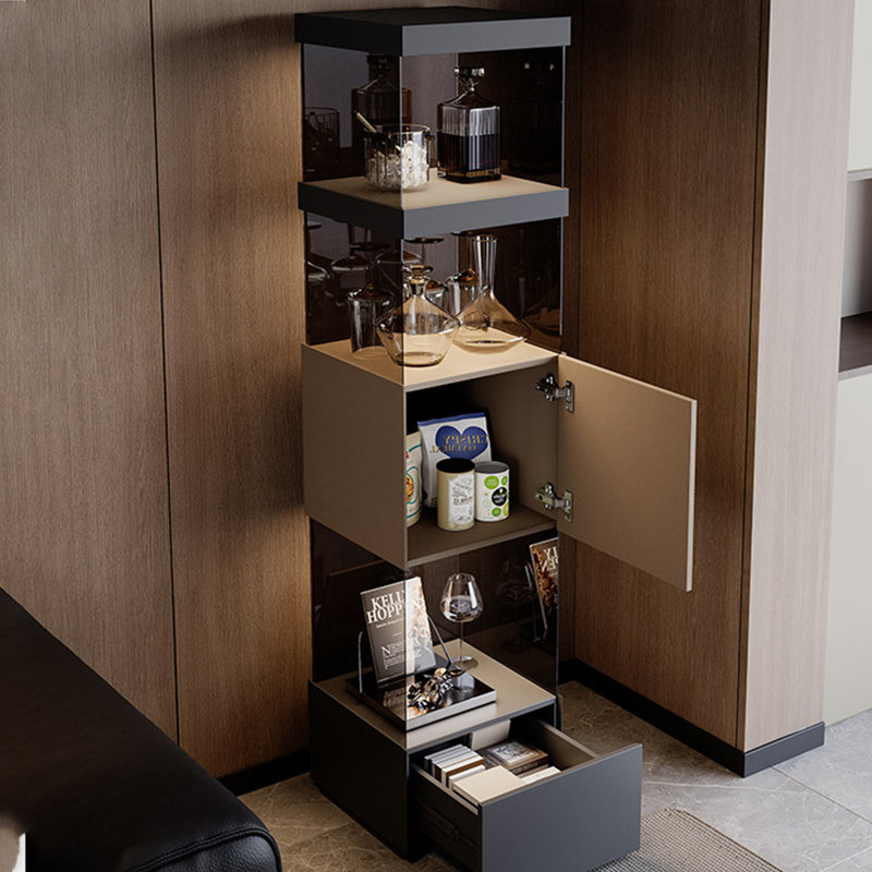 Armoire d'angle 15,75 po de style italien minimaliste gris mat, porte en verre trempé avec éclairage DEL, buffet intégré et vitrine à vin
