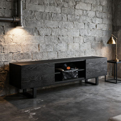 Meuble télé moderne pour téléviseur de 80 po ou moins, console multimédia en bois robuste avec 2 tiroirs et tablettes ouvertes, pieds en métal pour chambre à coucher
