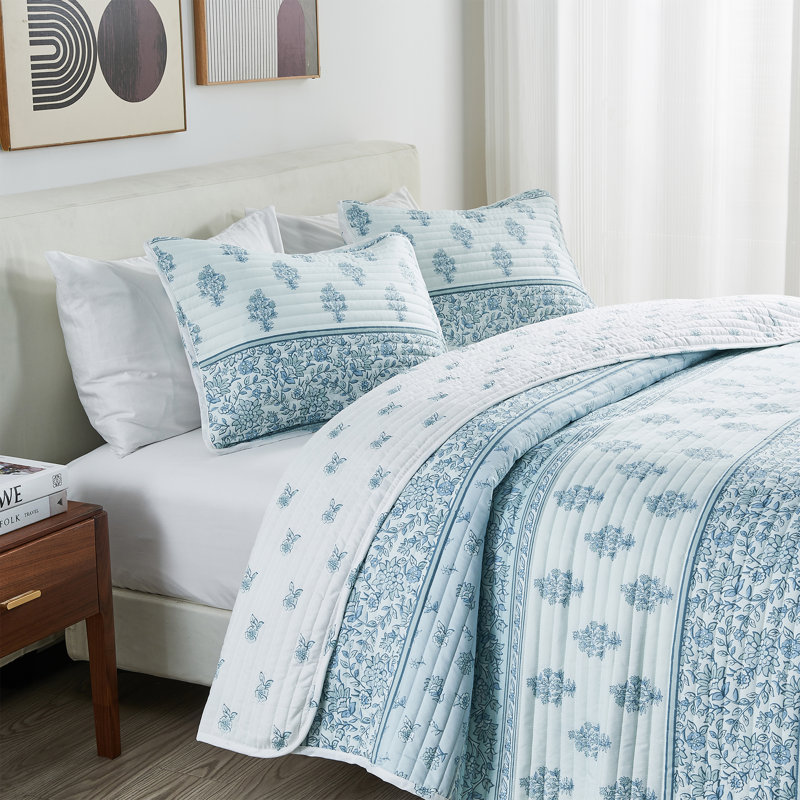 Twin Blue Reversible Microfiber Floral Quilt Set