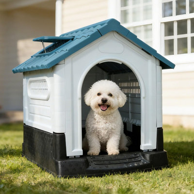 Niche pour chien en plastique résistant aux intempéries, niche extérieure / intérieure - bouches d'aération et plancher surélevé - toit incliné, facile à nettoyer et à assembler, P 25,2 po x l 19,3 po x H 26 po - petit bleu