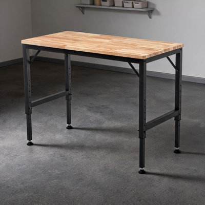 Bureau d'ordinateur en bois d'hévéa massif, poste de travail robuste de 48 pouces avec structure en acier noir mat, hauteur réglable, plateau brun