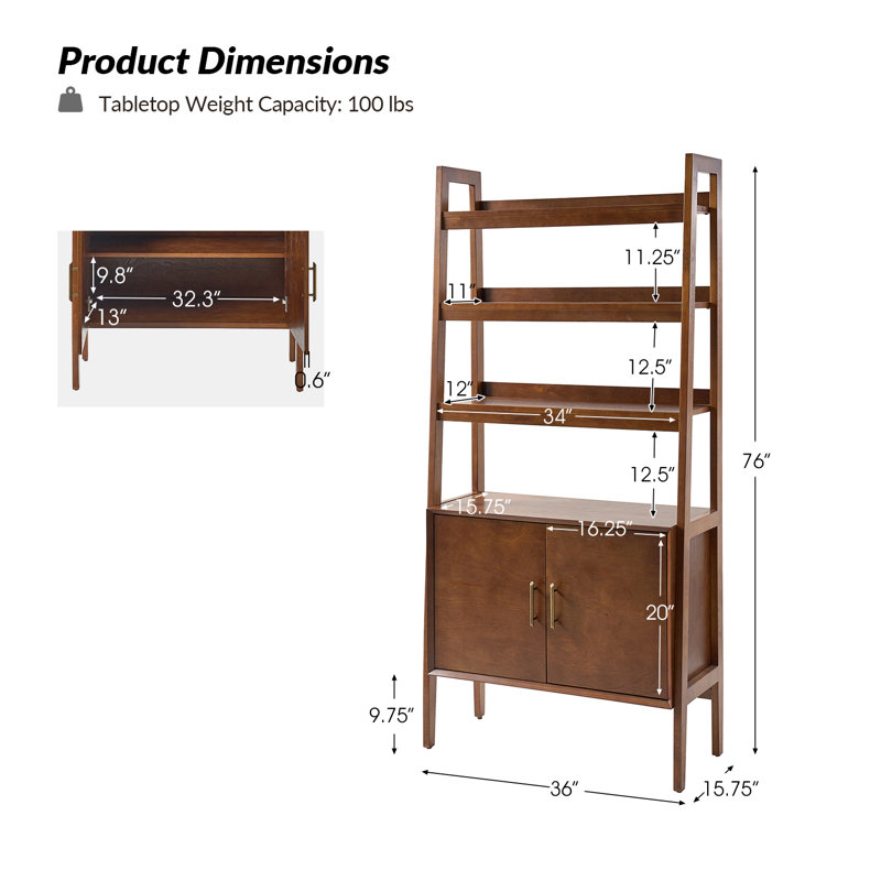 Angelith 36"W Ladder Storage Shelf Bookcase with Solid Wood Legs, Walnut