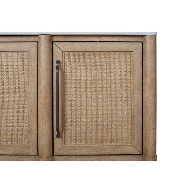 Desserte en ciment avec incrustations de canne - couleur sable, 2 rangements latéraux et centraux, prêt pour la mise en marche, mobilier décontracté transitionnel connecté au meuble de rangement et d'armoire