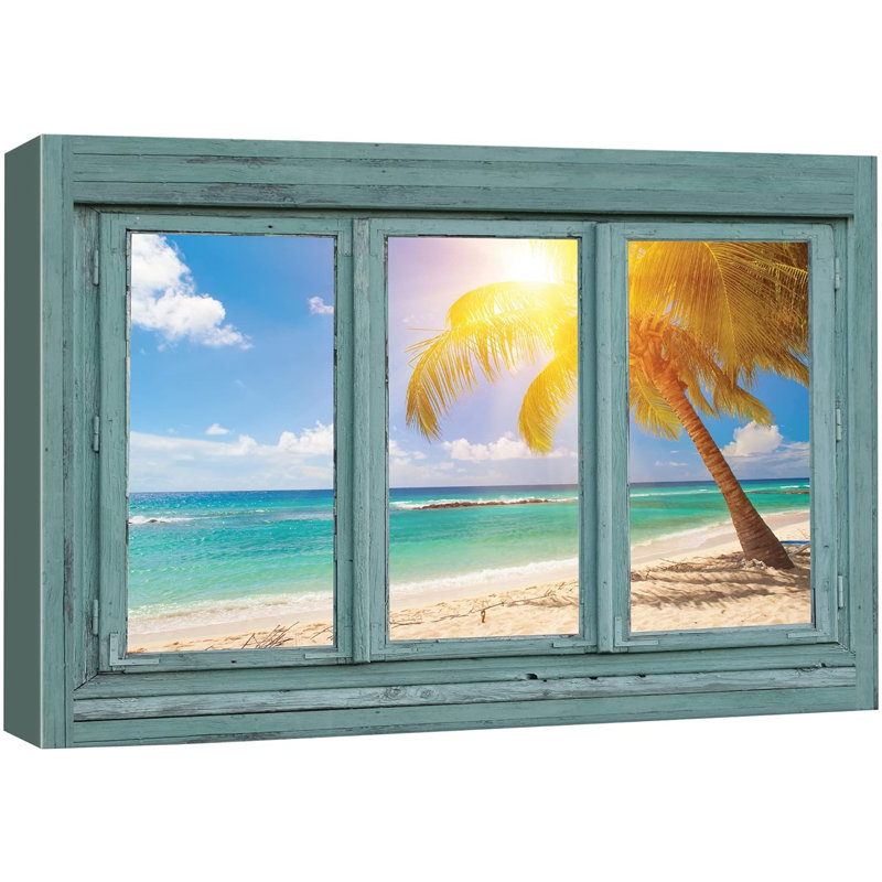 Vue de la fenêtre, coucher de soleil tropical, plage, paradis, images naturelles, art moderne, rustique, paysage ultra