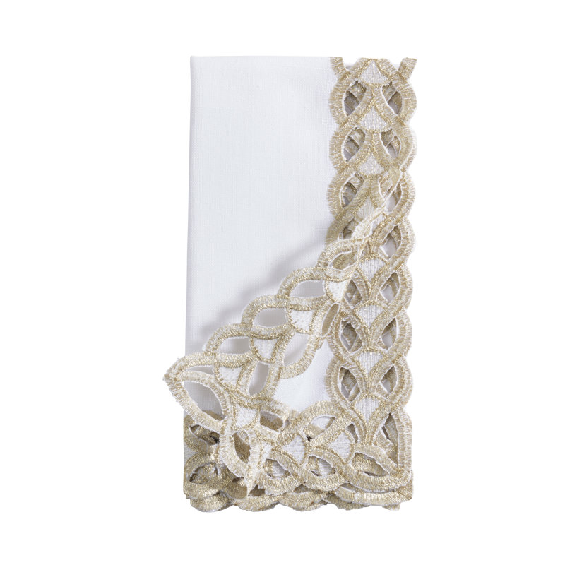 White and Gold Braided Border Square Napkin Set of 4