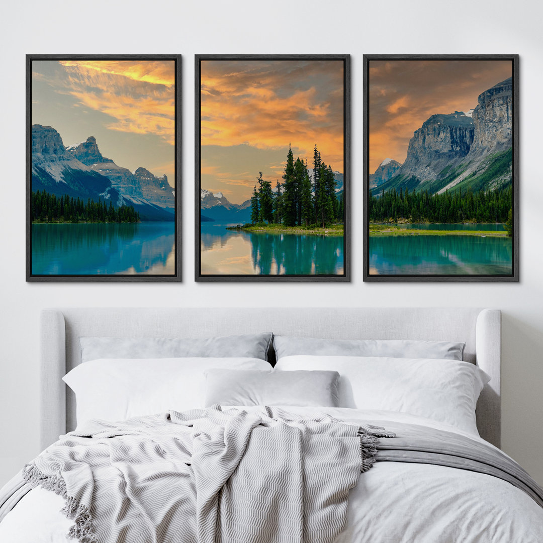 Yellow Sunset Cloud Mountain Lake Forest Nature Landscape Photo 3 Piece Frame Canvas Print Wall Art IDEA4WALL Frame 