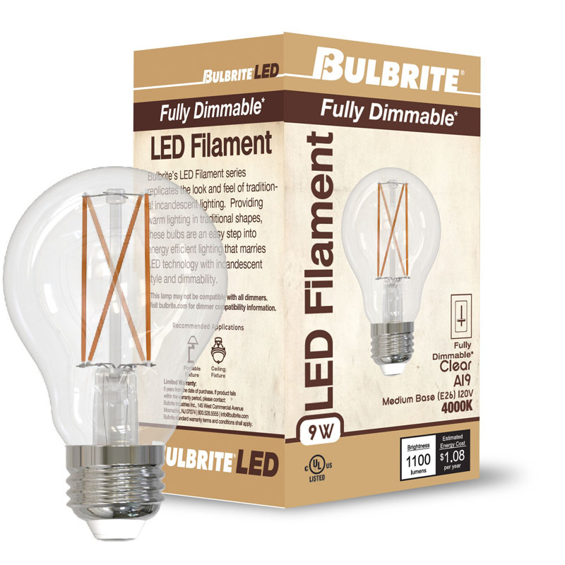 Ampoule DEL A19 à intensité variable de style A19, base E26 / moyenne (standard), 2700 Kelvins, 1100, 9 W