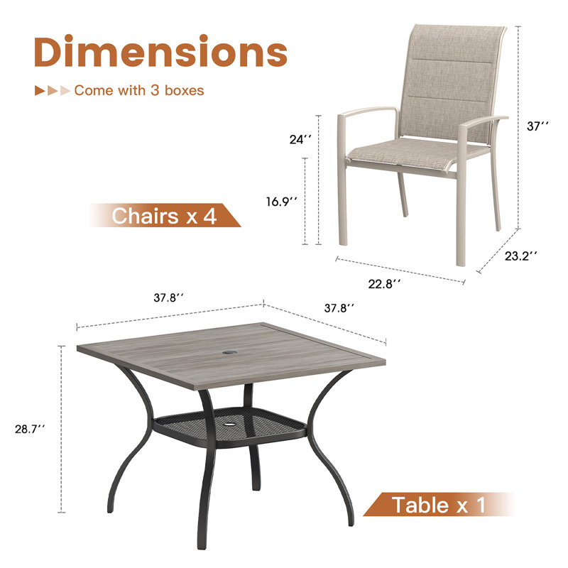 4-Person Patio Dining Set with Square Metal Dining Table and Padded PVC-coated polyester Chairs, Brush Wood Gray/Sandshell