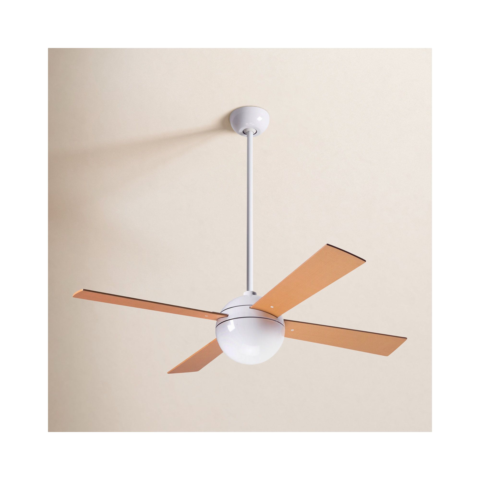 Ball 42'' 4 Blade Ceiling Fan, White, Wall Control with Remote Handset (2-wire), Brushed Aluminum