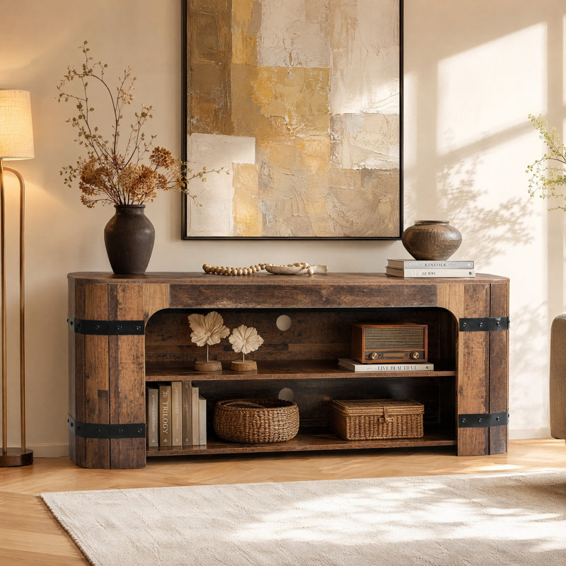 Console rustique de style campagnard de 160 cm avec rangement ouvert à 2 niveaux