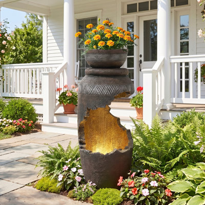 29.5" Outdoor Water Fountain W/LED Lights, Garden Waterfall Fountain | Spiral Cracked Urn Water Fountain with Planter, Bird Feeder, Freestanding Resin Indoor Water Feature for Patio Deck Backyard