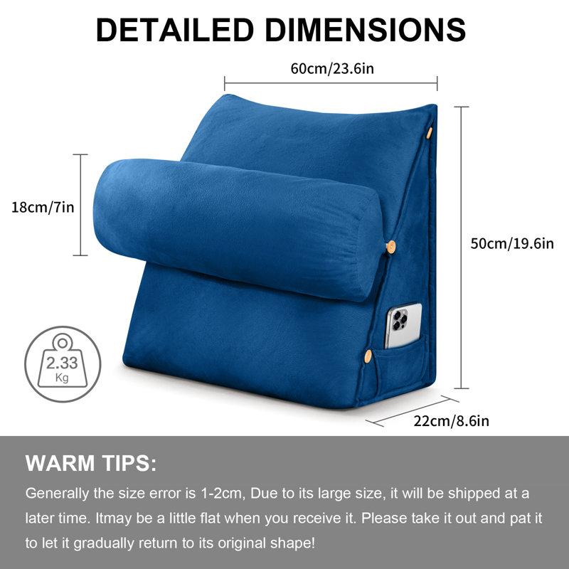 Coussin de lecture réglable pour lit et canapé - Coussin de dossier avec housse en velours de cristal amovible, Marine