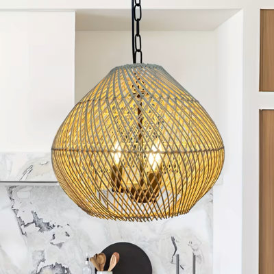 Rattan Farmhouse Pendant Light Fixture Ceiling Bohemian Chandelier Flush Mount Hanging Light Lamp Shade Hand Woven Lamp For Kitchen Island Hallway Bedroom Dinning Table