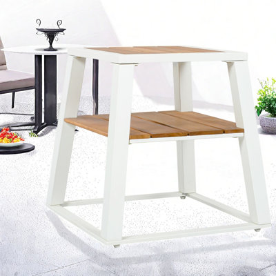 Table d'appoint moderne à 2 niveaux en bois d'acacia et métal avec rangement pour patio et maison
