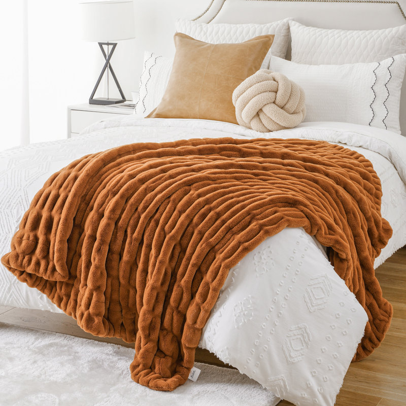 Burnt Orange Faux Fur Reversible Throw Blanket 50" x 60"
