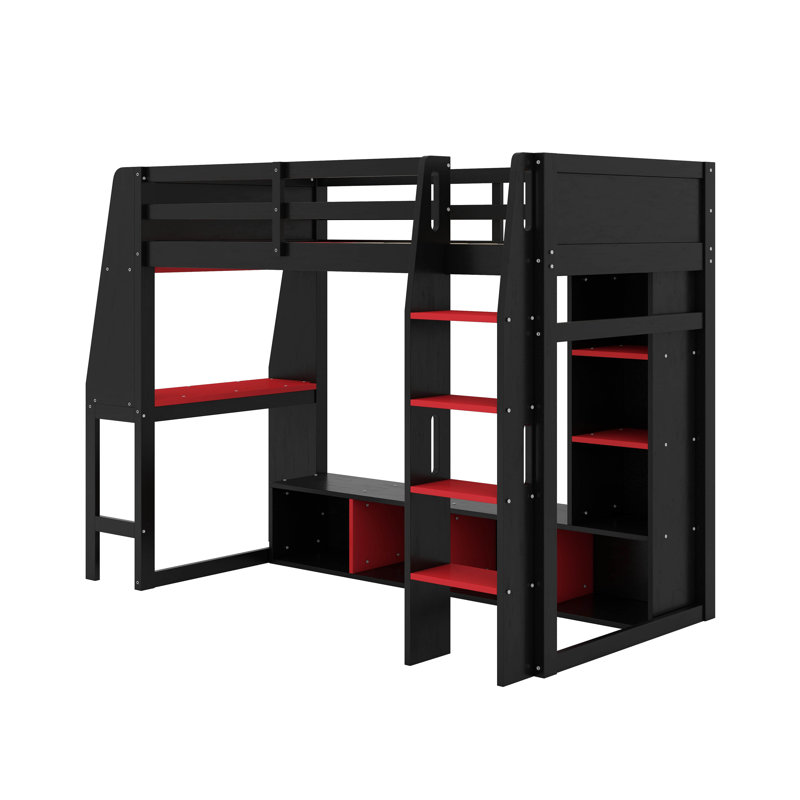 Lit mezzanine simple en bois avec bureau et portemanteaux, Noir