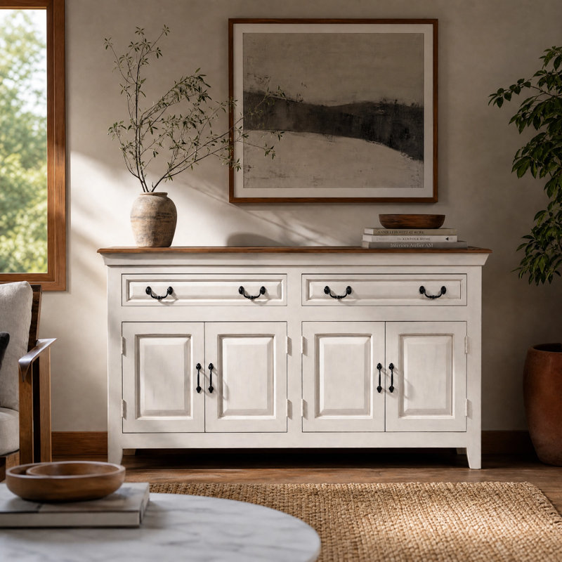 Loon Peak Jamya 69" Solid Wood Sideboard Buffet White wash  Finish, Storage Cabinet , White