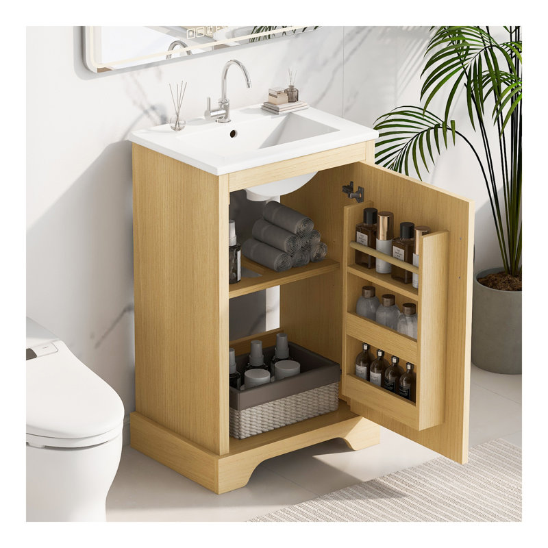 Meuble-lavabo de salle de bain avec lavabo, armoire de salle de bain avec porte à fermeture douce, support de rangement et tablette réglable, bois naturel