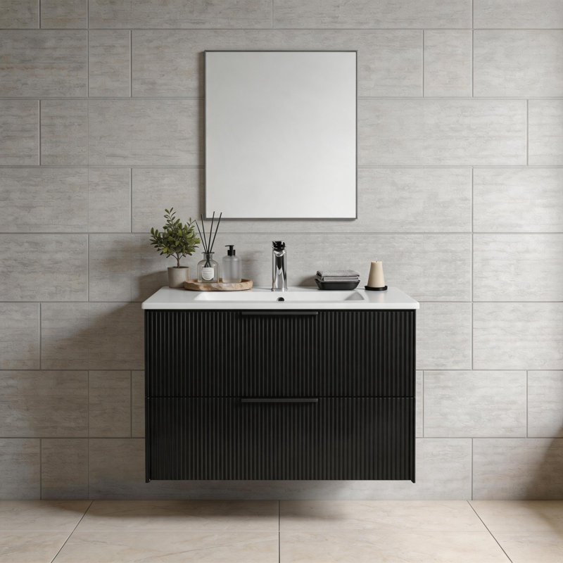 Wall Mounted Single Double Single Vanity Bathroom Vanity With Ceramic Top, Noir