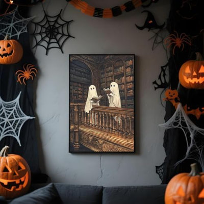 Académie noire deux fantômes mignons dans une bibliothèque, affiche Moody Halloween, art mural, fantôme effrayant, toile, livre de lecture, peinture, esthétique gothique pour salon, décoration de chambre à coucher, 12 x 16 pouces