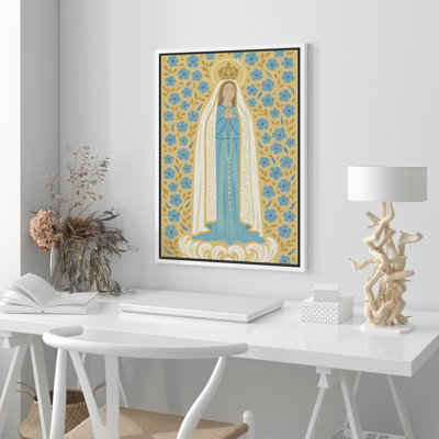 Our Lady of Grace with Blue Floral Pattern Framed Wall Art - Religious Marian Illustration for Prayer Room or Entryway - Folk Catholic Decor