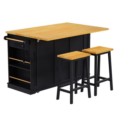 Kitchen Island With 50 Table, 2 Barn Doors, And Internal Storage, Bar Stools In Black 53 - Inch Featuring 3 Drawers, 5 Open Side , Hidden Wheels,