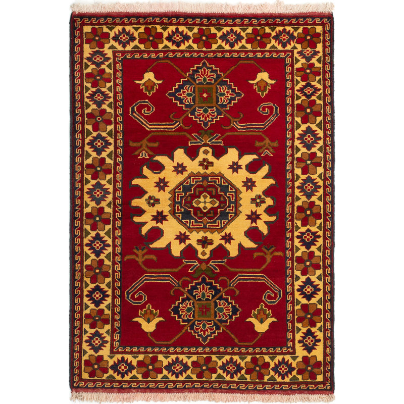 Tapis unique en laine noué à la main style Kargahi des années 2010 de 3 pi 6 po x 4 pi 10 po rouge / beige Prochora
